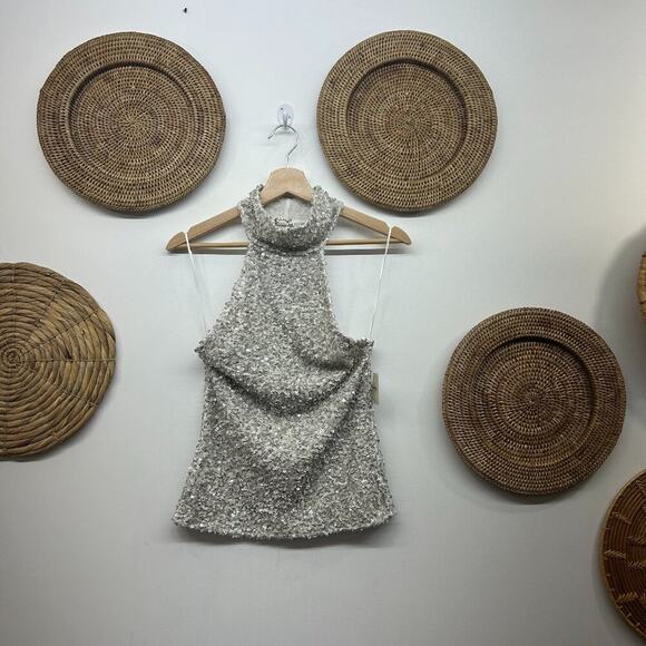 NEW Free People Silver Sequin Sequins High Neck Sparkle Turtleneck Tank Top XS - Picture 2 of 8